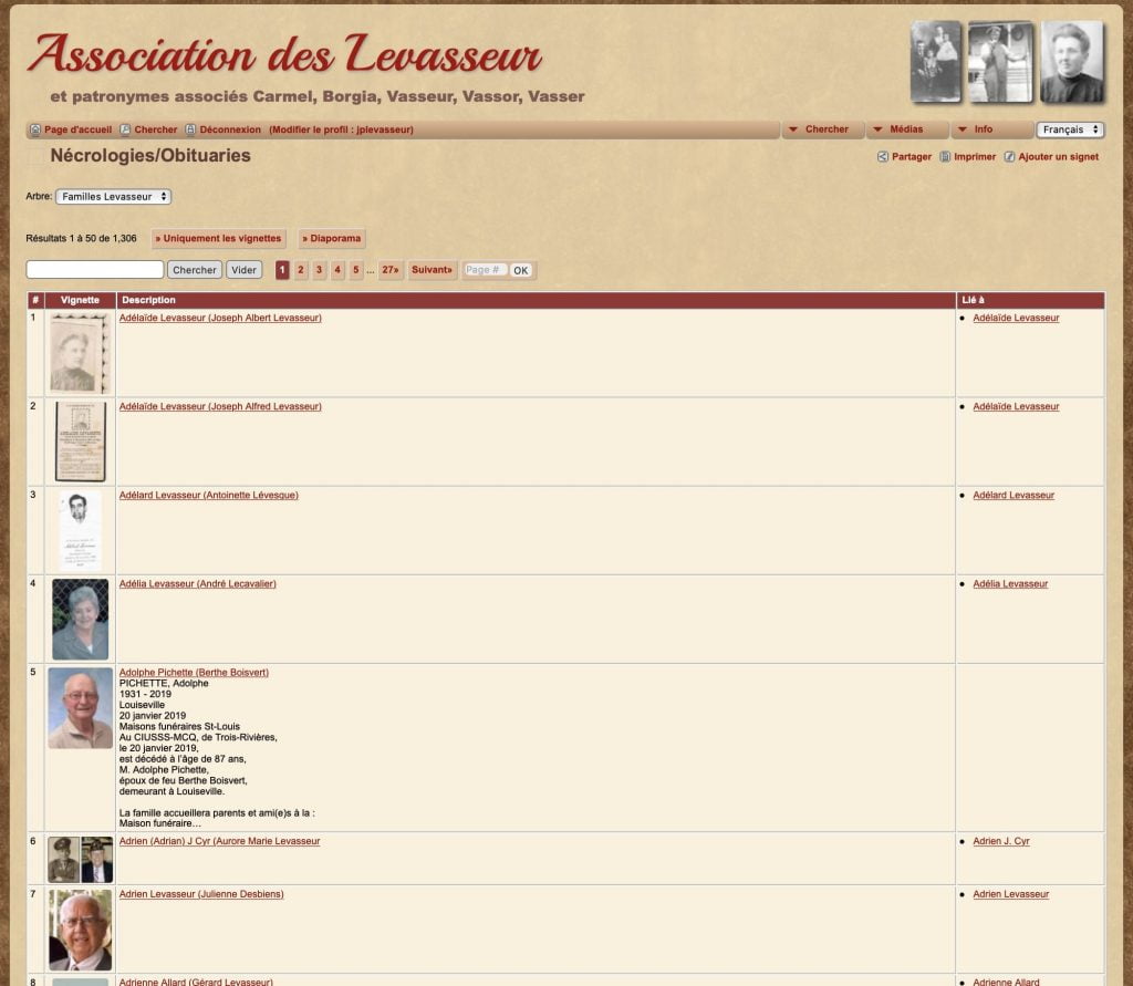 Section Nécrologies sur le site Web de l'Association des Levasseur d'Amérique inc