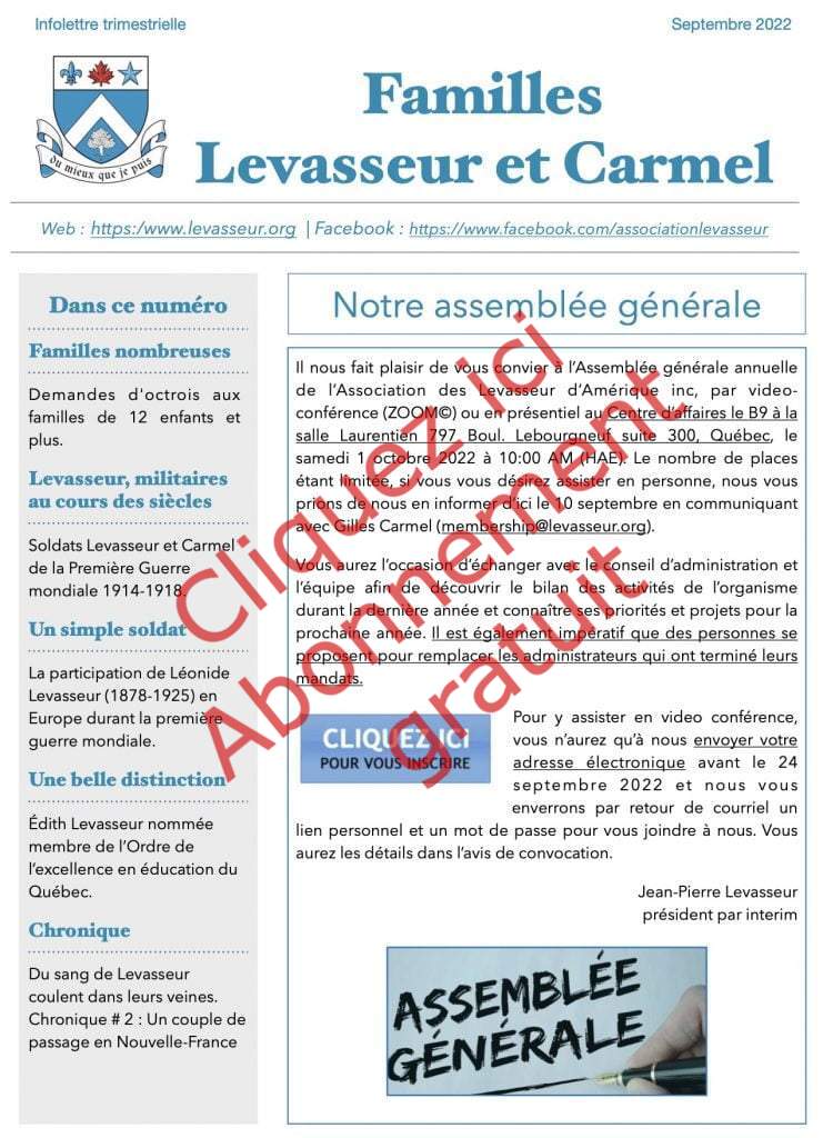 Infolettre - Familles Levasseur et Carmel